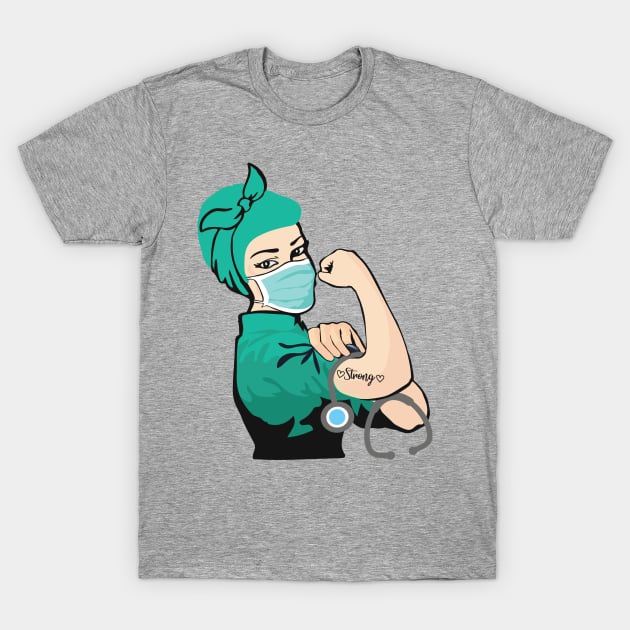 Pin Up Nurse Girl Wearing Mask with Strong Tattoo T-Shirt by deelirius8